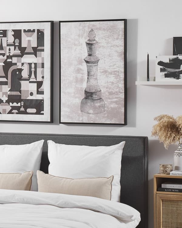 Vægbillede Grå Hvid og Sort Polyester og MDF 63 x 93 cm Stort Indrammet Lærred Kunst Skak Motiv Kongen til Stue Soveværelse Indretning