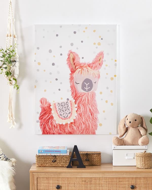 Lærred Vægkunst Lyserød Hvid Polyester 60 x 80 cm Rektangulær Sød Lama Motiv med Ophæng Beslag Perfekt til Børneværelse eller Entré Dekor