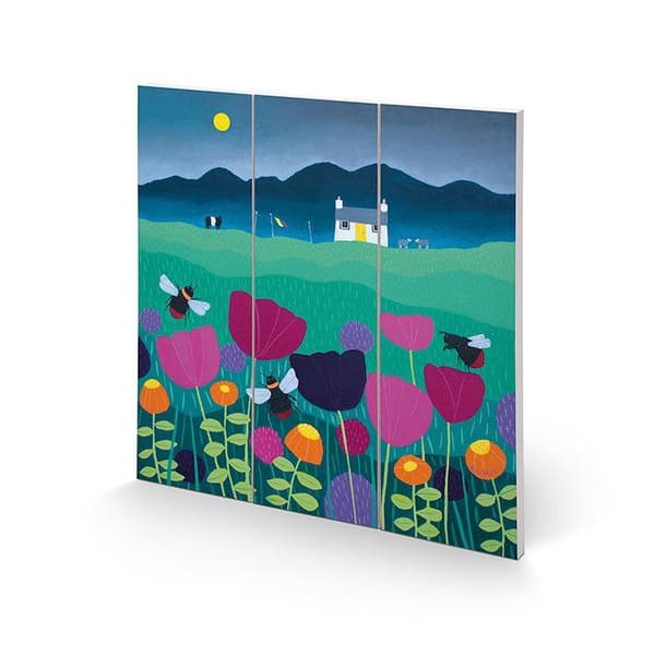 Ailsa Black Sommarängen Square Wood Print Green/Blue/Pink 30cm x 30cm