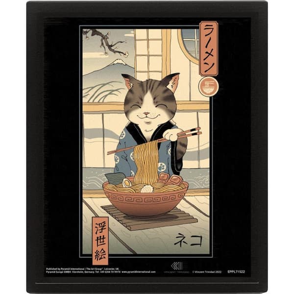 Vincent Trinidad Neko Ramen Ukiyo 3D Framed Poster White/Grey 28.5cm x 23.5cm