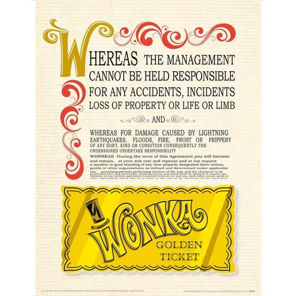 Willy Wonka & The Chocolate Factory Golden Ticket Print Cream/Black/Yellow 40cm x 30cm
