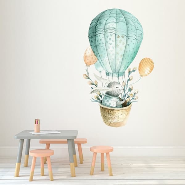 Wallstickers - Kanin med blomster i luftballon