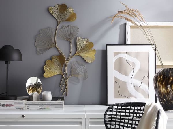 Veggdekorasjon Gylden Metall 79 cm Blad Veggkunst Naturlig mønster Moderne Tilbehør