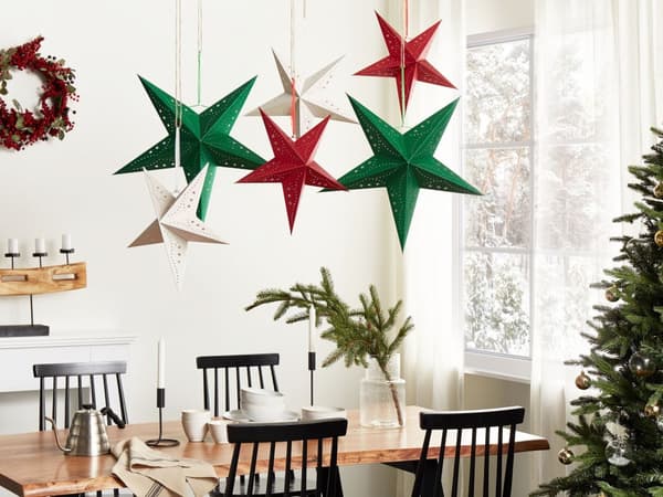 Sett med 2 adventsstjerner Rød Papir 45 cm Glitter LED-lys Hengende stjerner Julepynt Høytid Dekorasjon Tilbehør Belysning