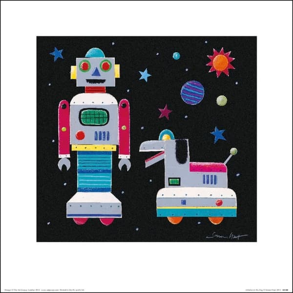 Simon Hart En robot och hans hund - pappersutskrift Black/Grey/Red 30cm x 30cm