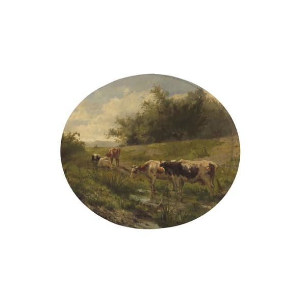 Art for the Home - Lærred Oval - Køer ved en vandpyt - 50x70cm