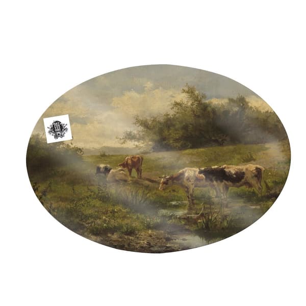 Art for the Home - Lærred Oval - Køer ved en vandpyt - 50x70cm