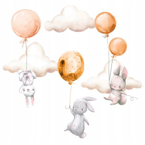 Veggklistremerke - Kaniner med ballonger og skyer / Oransje