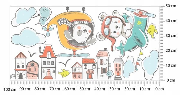 Veggklistremerke - Teddybjørn i flyet med skyer og hus