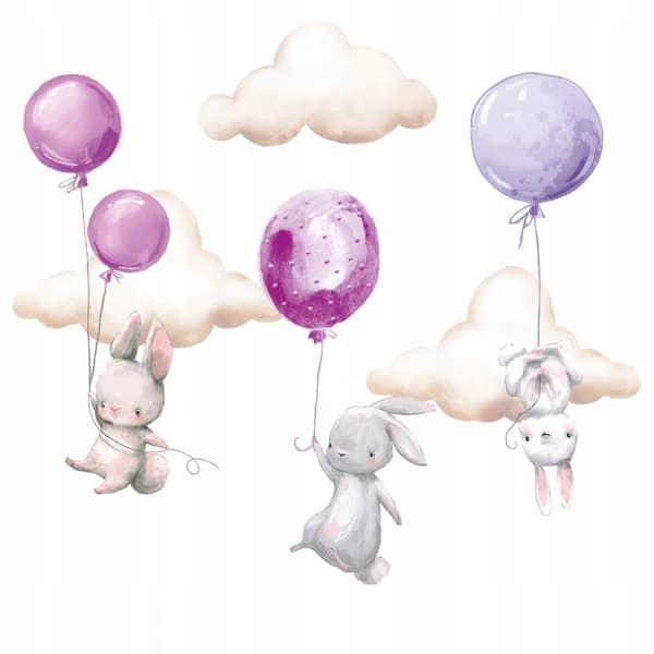 Wallsticker - Kaniner med balloner og skyer / Purper
