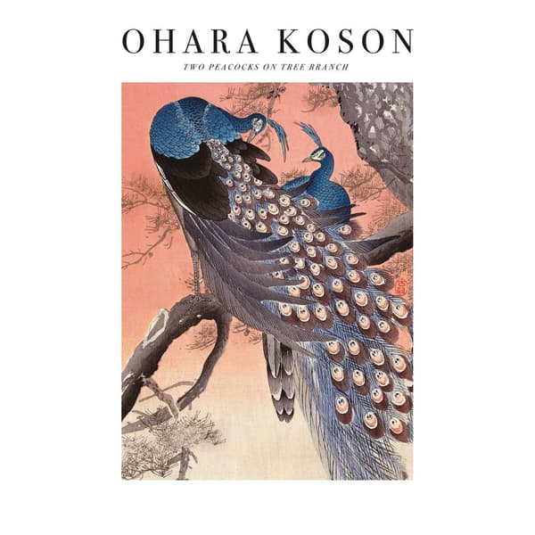 Ohara Koson Two Peacocks On Tree Branch Paper Print Grey/Blue/Peach 50cm x 40cm