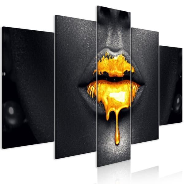 Canvas Tavla - Gold Lips (5 delar) Wide