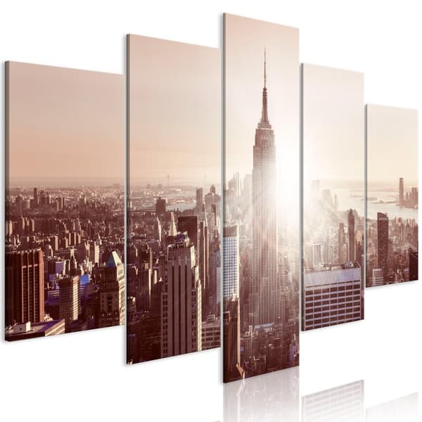 Canvas Tavla - Sun over Manhattan (5 delar) Wide Brown 100x50