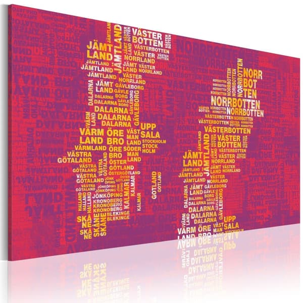Canvas Tavla - Text karta över Sverige (rosa bakgrund)