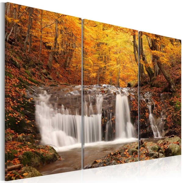 Canvas Tavla - A waterfall in the middle of fall trees