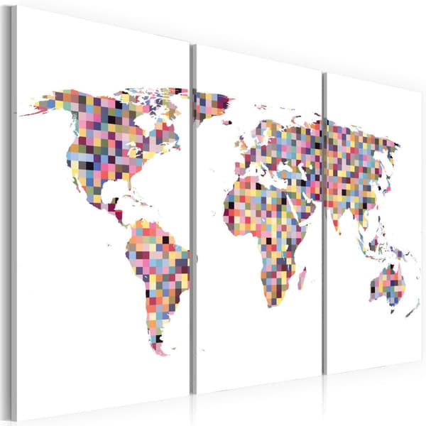 Canvas Tavla - Karta över Världen - pixels - Triptych 60x40
