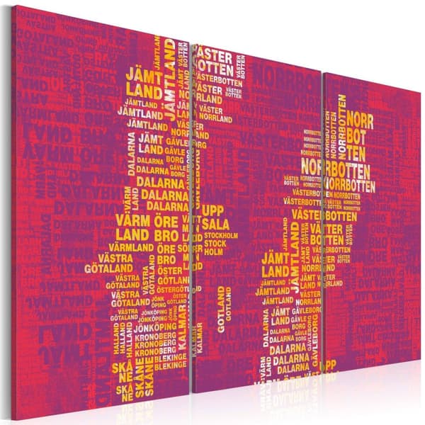 Canvas Tavla - Text karta över Sverige (rosa bakgrund) - Triptych 120x80