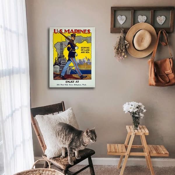 Legendarte - Vintage War Propaganda Poster U.S. Marines, Service On Land And Sea - Målning, Print On Canvas cm. 50x70