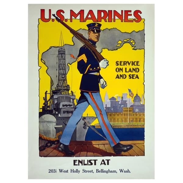 Legendarte - Vintage War Propaganda Poster U.S. Marines, Service On Land And Sea - Målning, Print On Canvas cm. 50x70