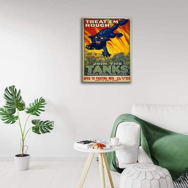Legendarte - Vintage War Propaganda Poster Treat'Em Rough! Join The Tanks - Målning, Print On Canvas cm. 50x70