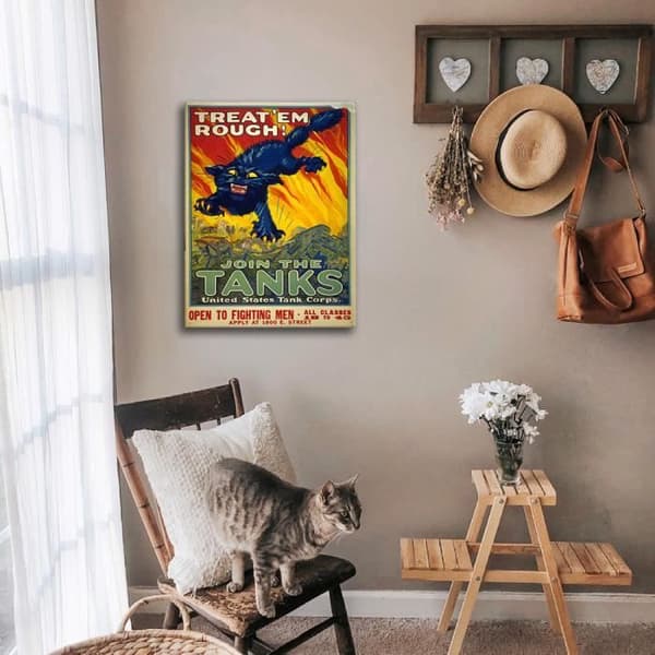 Legendarte - Vintage War Propaganda Poster Treat'Em Rough! Join The Tanks - Målning, Print On Canvas cm. 50x70
