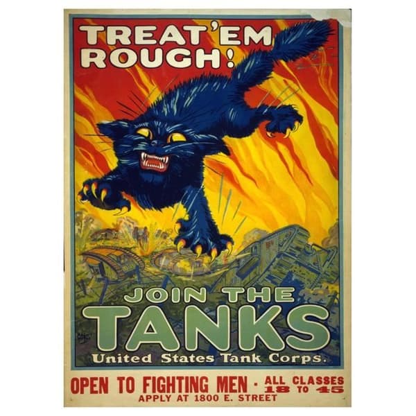 Legendarte - Vintage War Propaganda Poster Treat'Em Rough! Join The Tanks - Målning, Print On Canvas cm. 50x70