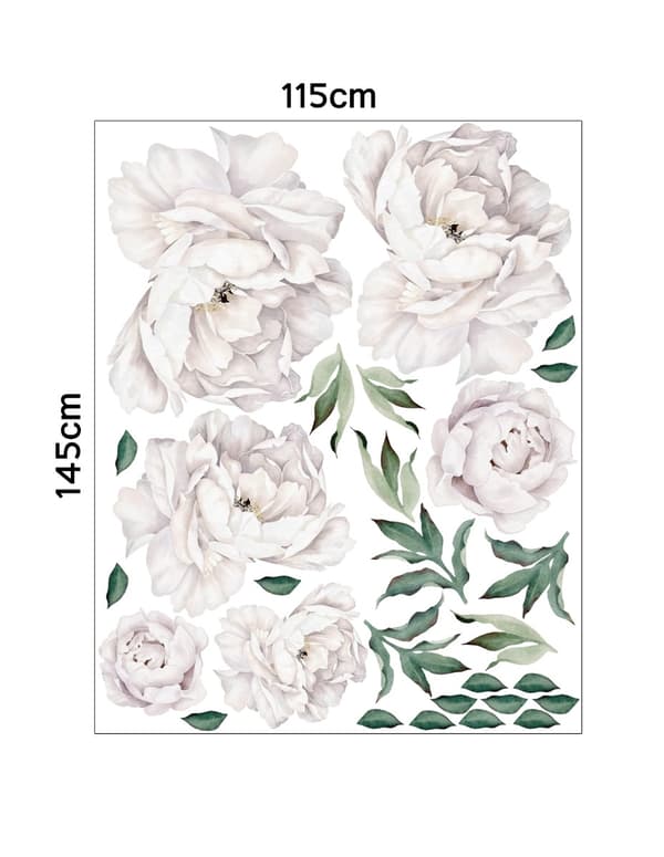 Vægklistermærke - Hvid pæon blomster med grønne blade