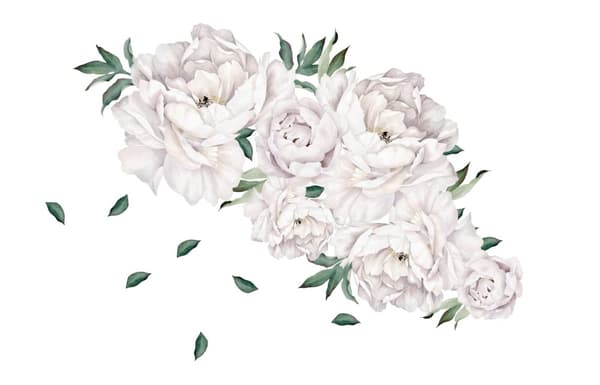 Vægklistermærke - Hvid pæon blomster med grønne blade