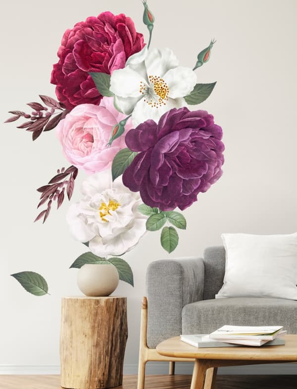Veggklistremerke - Fargerik Peony og hvit tusenfryd blomster