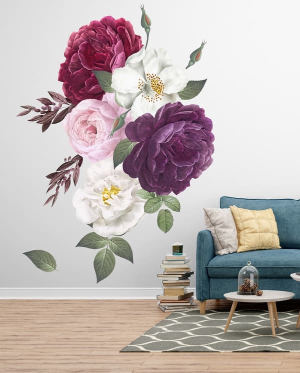 Veggklistremerke - Fargerik Peony og hvit tusenfryd blomster