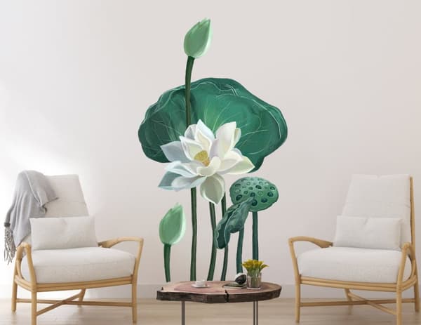 Wallsticker - Hvit lotusblomst og blader