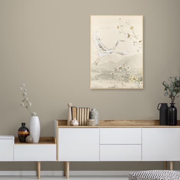 Art for the Home - Lærred med håndmalede detaljer - Kran med blomst - 70x50cm - Beige