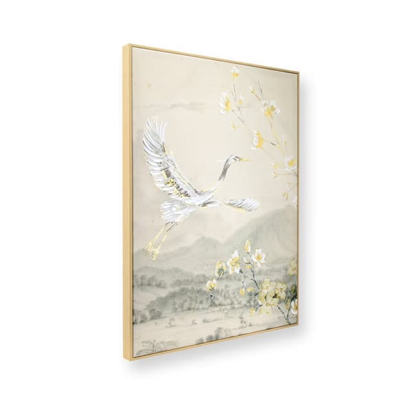 Art for the Home - Lærred med håndmalede detaljer - Kran med blomst - 70x50cm - Beige