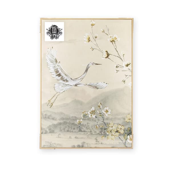 Art for the Home - Lærred med håndmalede detaljer - Kran med blomst - 70x50cm - Beige