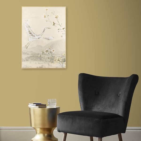 Art for the Home - Lærred med håndmalede detaljer - Kran med blomst - 70x50cm - Beige