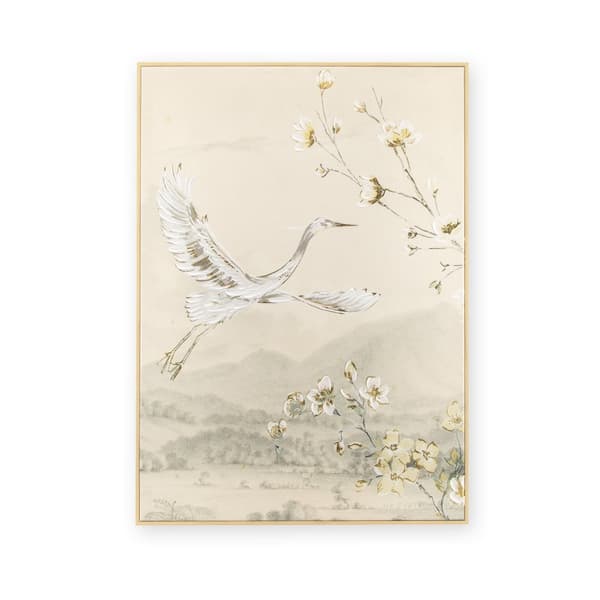 Art for the Home - Lærred med håndmalede detaljer - Kran med blomst - 70x50cm - Beige