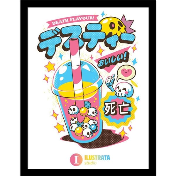 Ilustrata Death Bubble Tea Framed Poster Pink/Blue/Yellow 40cm x 30cm
