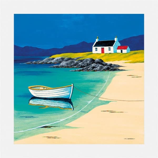 Anthony Barber Hebridean Fisherman´s Cottage Mounted Print Blue/Beige/Green 40cm x 40cm x 0.15cm