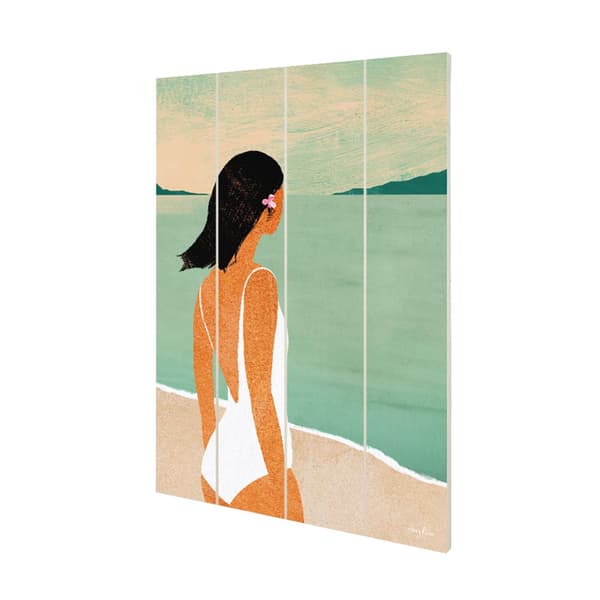 Henry Rivers Beach Girl III Wood Plaque Green/Beige/White 59cm x 40cm x 1.2cm