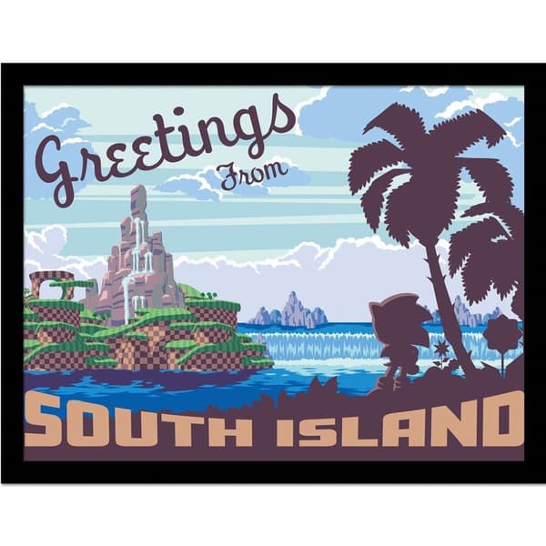 Sonic The Hedgehog Greetings From South Island Framed Print Blue 40cm x 30cm