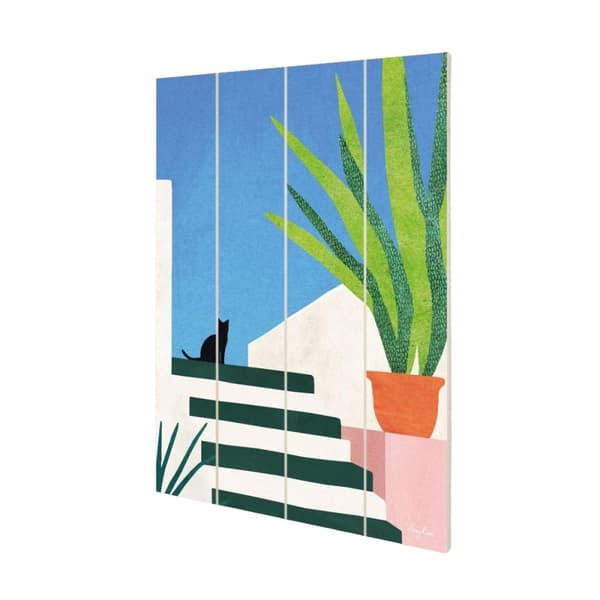 Henry Rivers Holiday Cat Wood Plaque Blue/White/Green 59cm x 40cm x 1.2cm