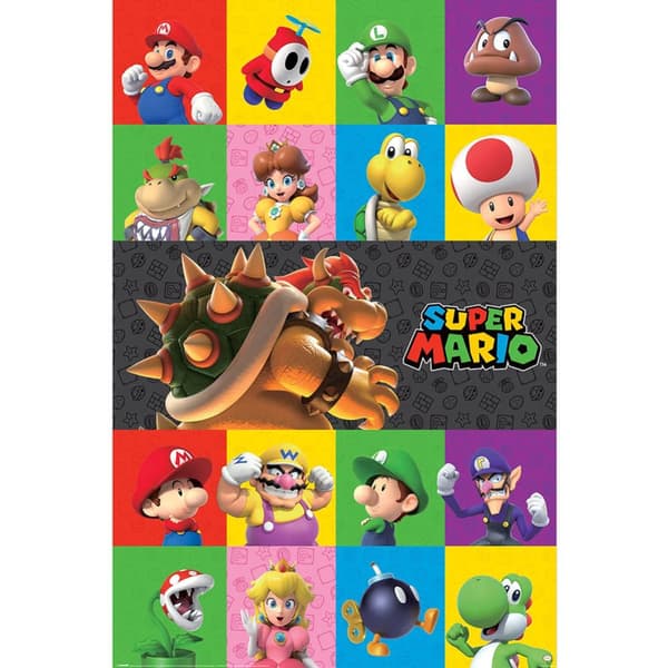 Super Mario Plakat med figurer Multicoloured 61cm x 91cm