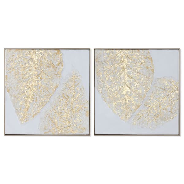 Tavla Home ESPRIT Vit Gyllene Kanvas Trä MDF Modern Löv av en växt 82 x 4,5 x 82 cm (2 antal)