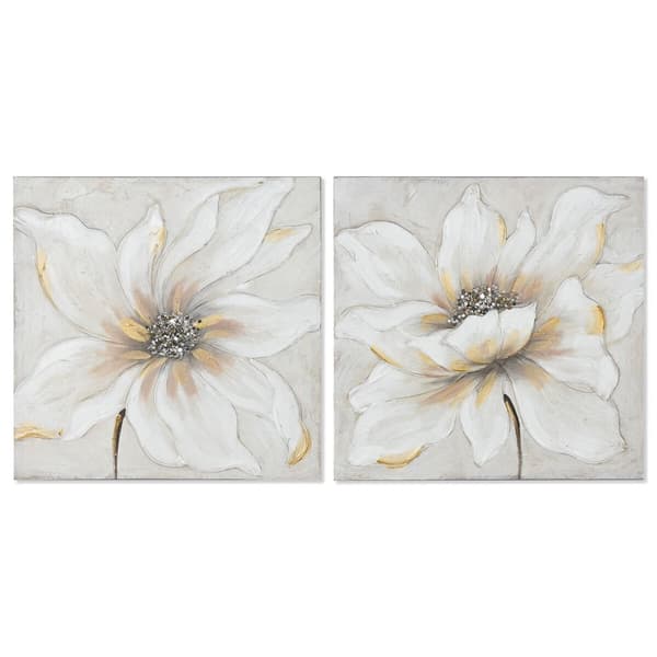 Tavla Home ESPRIT Vit Beige Kanvas Trä MDF Blomster Romantisk 50 x 2,5 x 50 cm (2 antal)