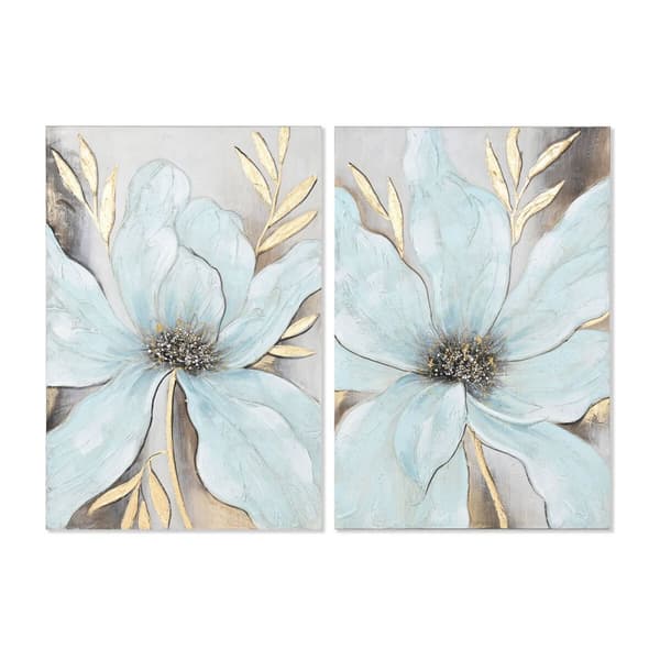 Maleri Home ESPRIT Blå Gylden Lærred Træ MDF Blomst Shabby Chic 60 x 3 x 90 cm (2 enheder)