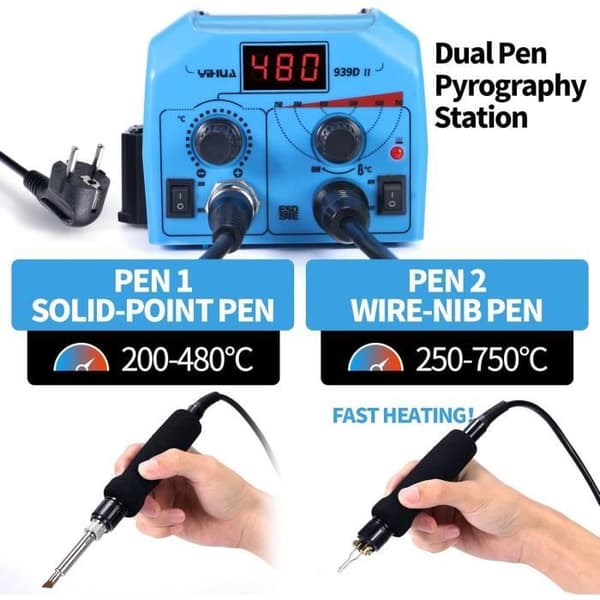 Station för träpyrogravyr - YIHUA - 939D-II - 2 pennor - Justerbar temperatur - Ergonomisk