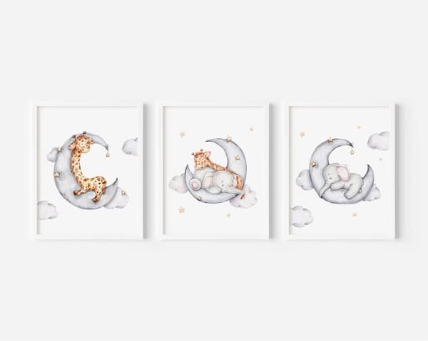 Plakater - Giraffe and Elephants on Clouds / Sett med 3