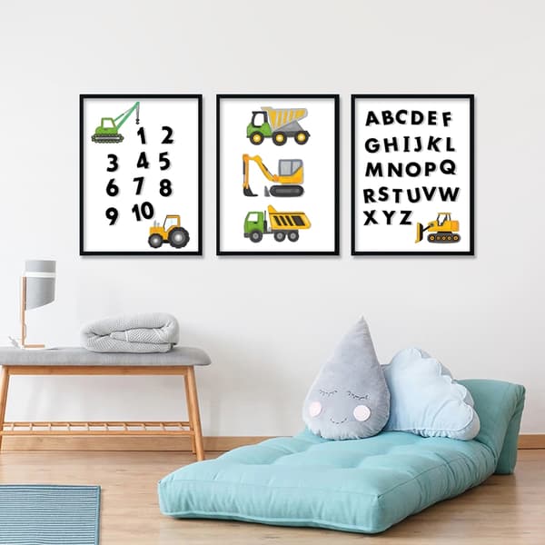 Plakater - Lastebiler med tall og alfabet / sett med 3