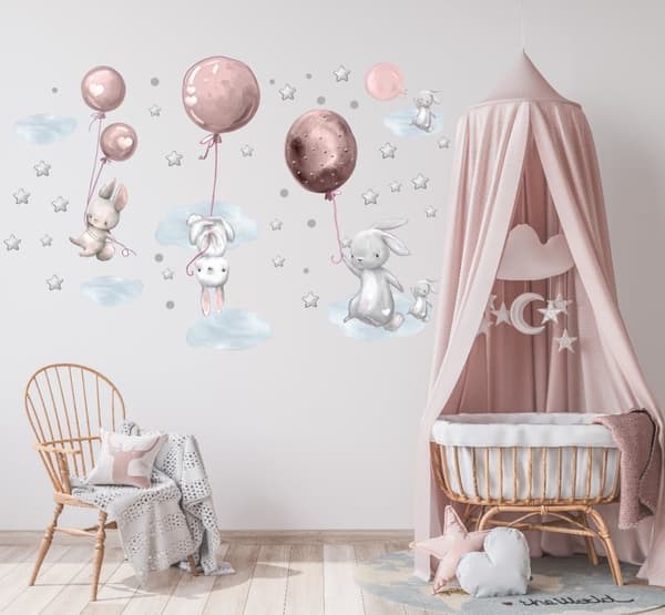 Veggklistremerke - Kaniner med rosa ballong og skyer