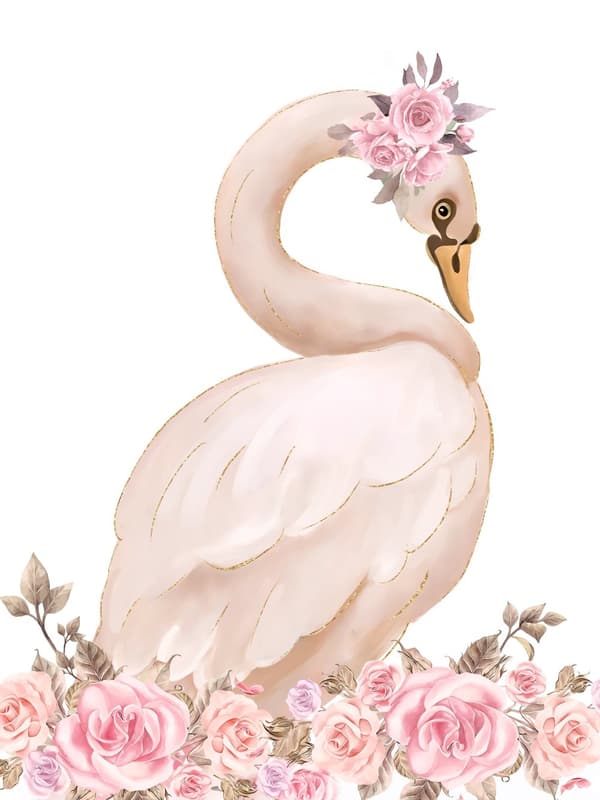 Plakat - Lyserød Svane med Blomster / 02